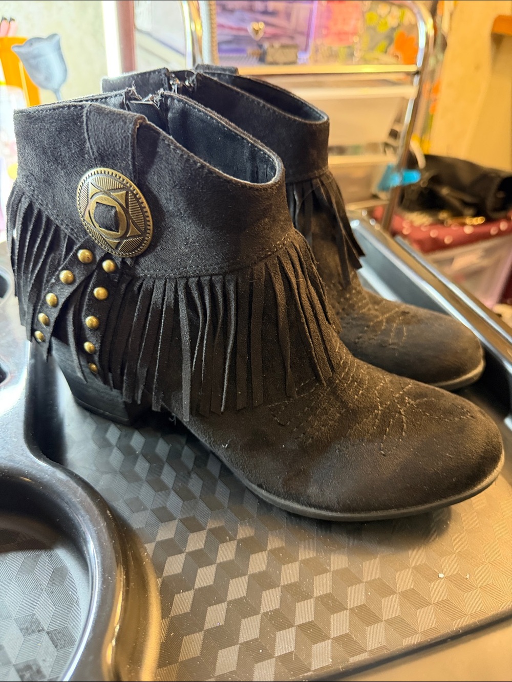 Fringe Ankle Boots - Black Suede Women's Booties- indigo rd. Size 8.5 women’s